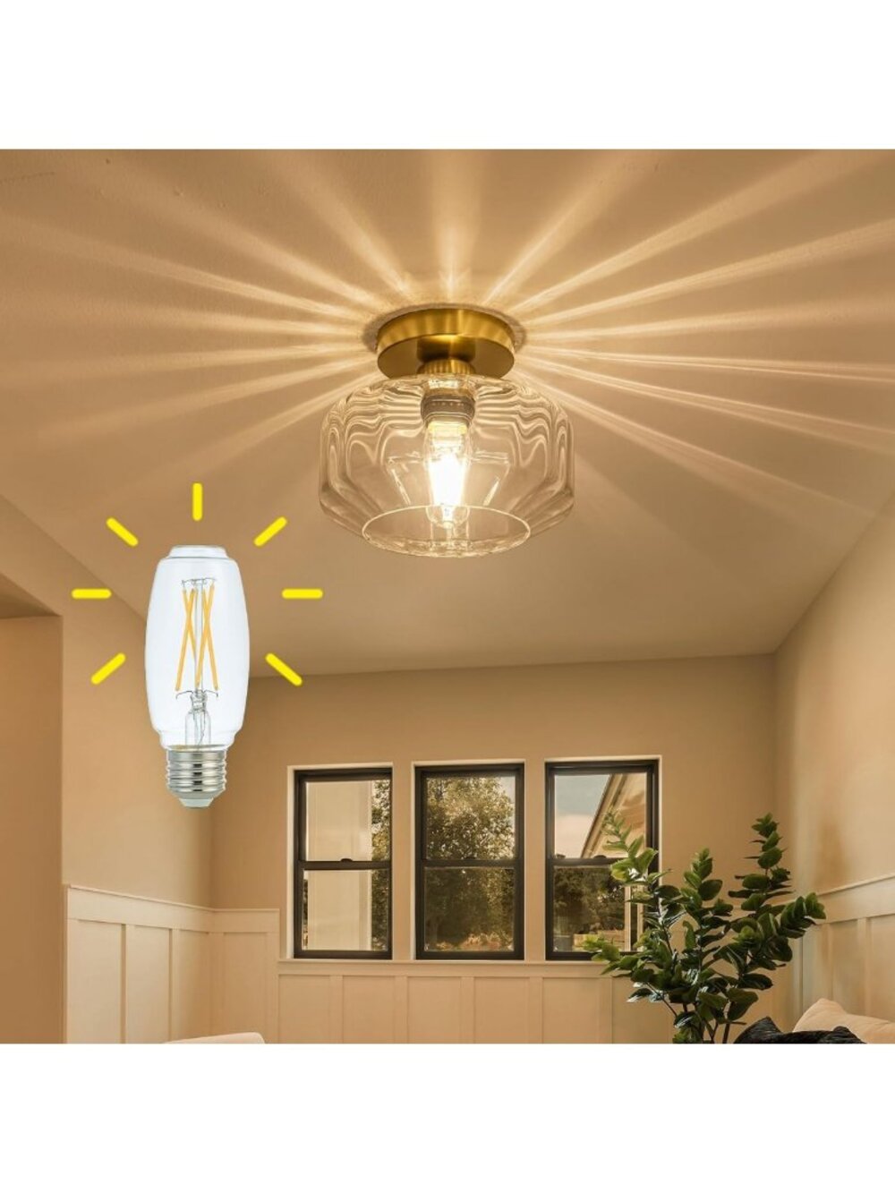 Stunning Semi Flush Mount Ceiling Light, Diamond Glass Shade, Starburst Effect